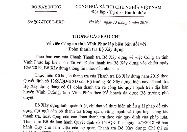 Bộ Xây dựng thông tin về việc Công an tỉnh Vĩnh Phúc lập biên bản đối với Đoàn thanh tra Bộ Xây dựng