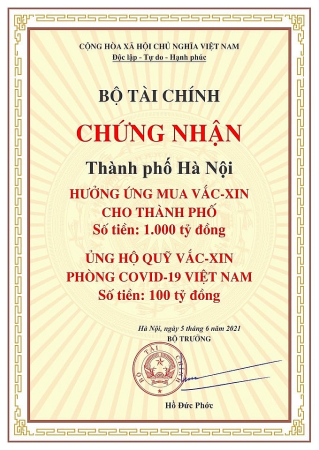 Hà Nội ủng hộ 100 tỷ đồng cho Quỹ vắc xin Covid-19