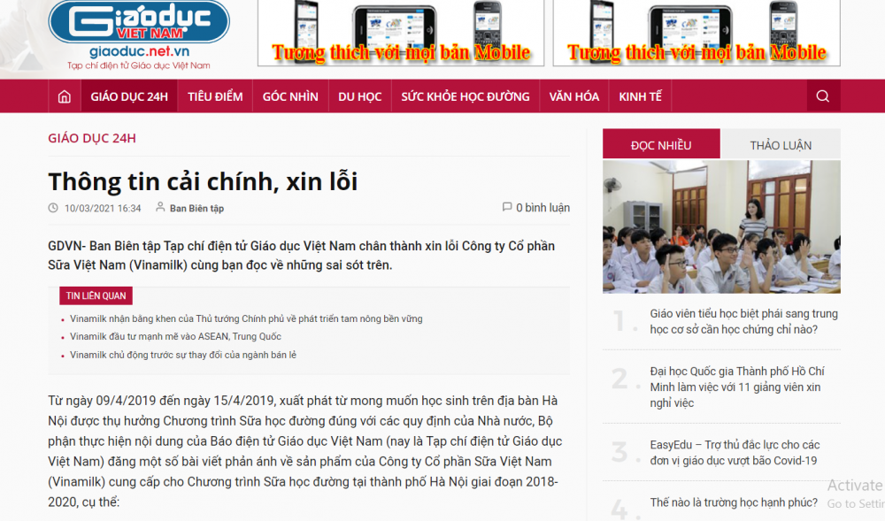 Tạp chí điện tử Giáo dục Việt Nam xin lỗi, cải chính thông tin sai sự thật về Vinamilk