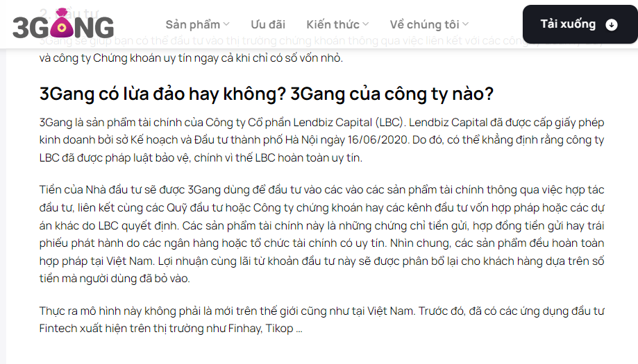 Bài 1: Có rủi ro khi đầu tư vào ứng dụng tài chính “3Gang” của Công ty Lendbiz Capital?