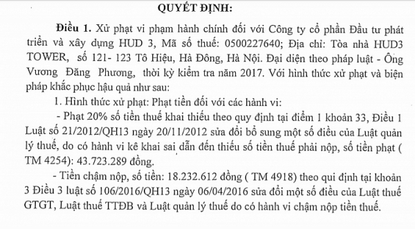 Lại phát hiện HUD3 có hành vi kê sai thuế lai phat hien hud3 co hanh vi ke sai thue