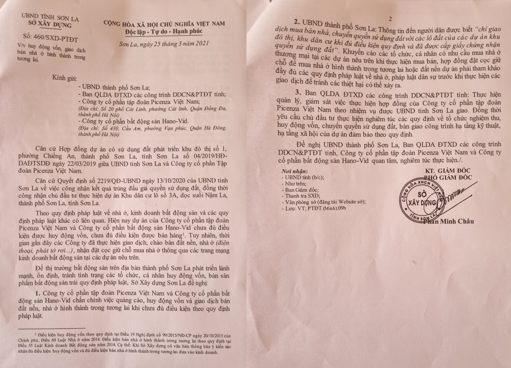 Chủ đầu tư dự án Picenza Riverside phủ nhận huy động vốn trái phép, đòi Sở Xây dựng Sơn La đính chính