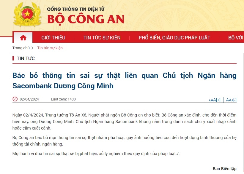 Bộ Công an lên tiếng về thông tin Chủ tịch Sacombank Dương Công Minh