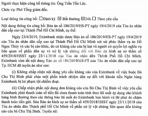 Eximbank đã trả 115 tỷ đồng tiền lãi cho bà Chu Thị Bình eximbank da tra 115 ty dong tien lai cho ba chu thi binh