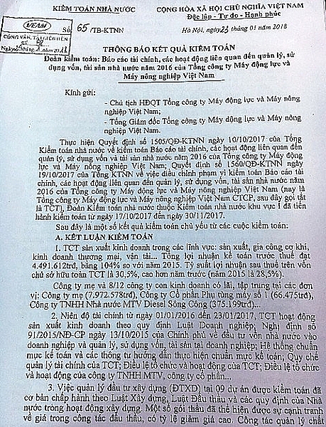 phat hien nhieu sai pham tai tong cong ty may dong luc va may nong nghiep