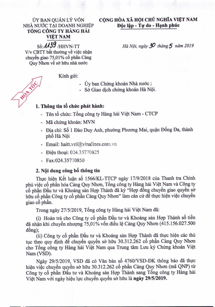 tra lai tien ban sai quy dinh vinalines lay lai 7501 co phan cang quy nhon