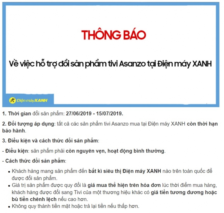 Sau Nguyễn Kim, Điện Máy Xanh cũng thông báo thu đổi tivi của Asanzo sau nguyen kim dien may xanh cung thong bao thu doi tivi cua asanzo