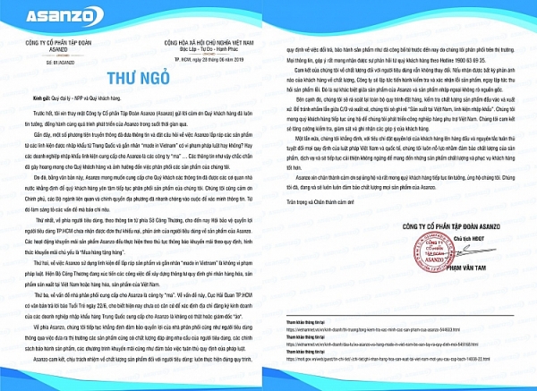 chu tich asanzo gui tam thu ve nghi van hang trung quoc dan mac viet nam