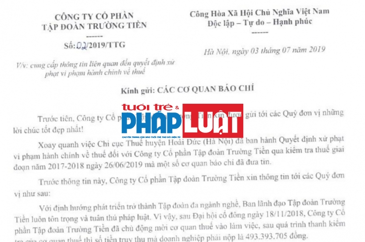 tap doan truong tien len tieng viec bi xu ly vi pham ve thue gan nua ty dong