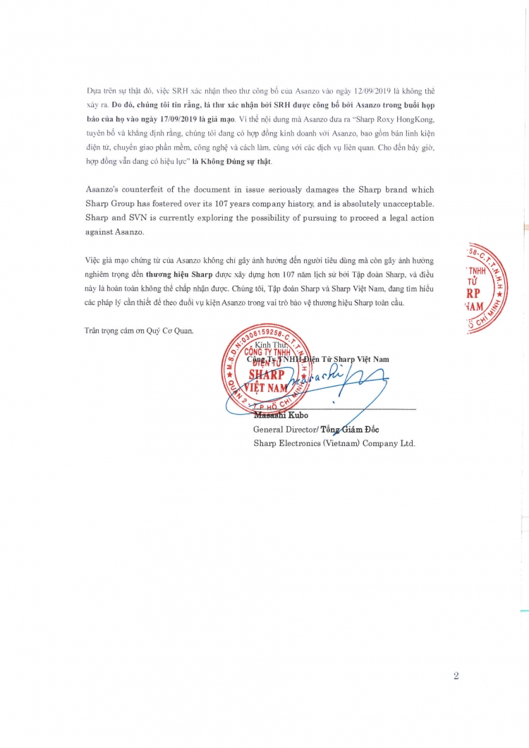 sharp viet nam doa kien asanzo len tieng