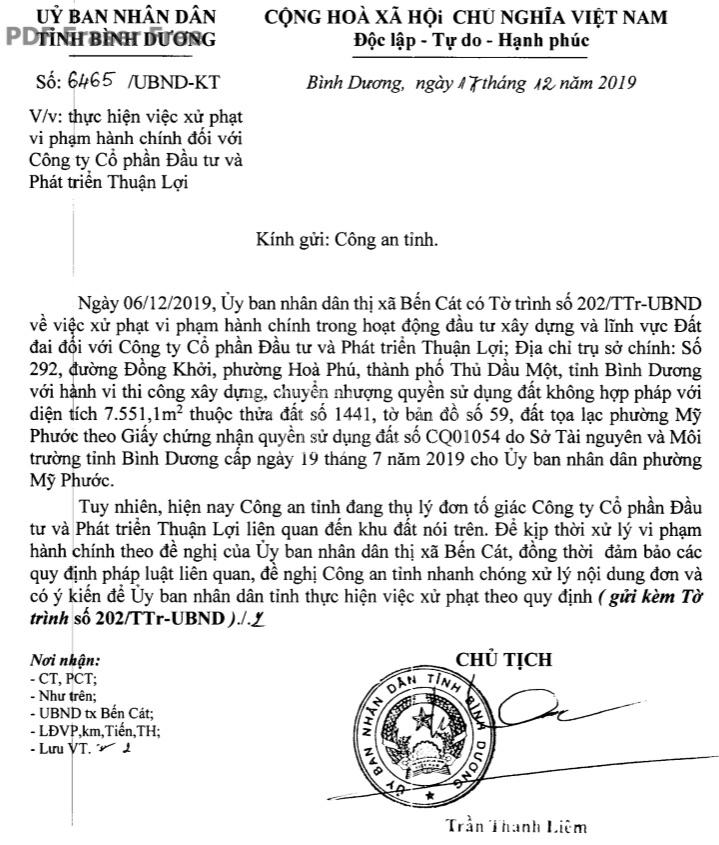 binh duong cong an dieu tra vu cong ty thuan loi chuyen nhuong trai phep hon 7500 m2 dat