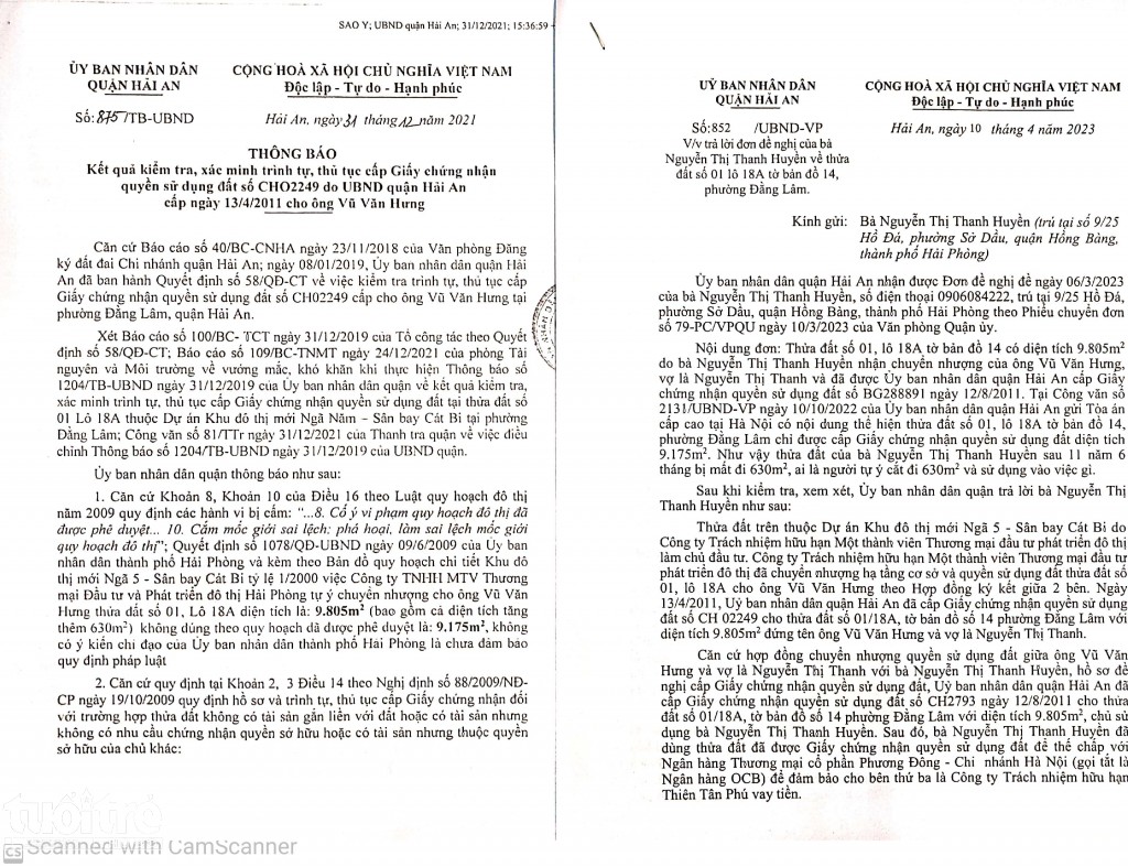 Văn bản số 875/TB-UBND và số 852/UBND-Vp của UBND quận Hải An trả lời Đơn kiến nghị của bà Huyền