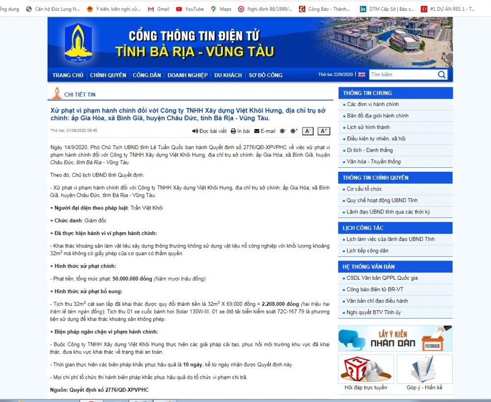 UBND tỉnh Bà Rịa – Vũng Tàu (BR-VT) đã ban hành quyết đinh xử phạt Công ty TNHH Xây dựng Việt Khôi Hưng 50 triệu đồng