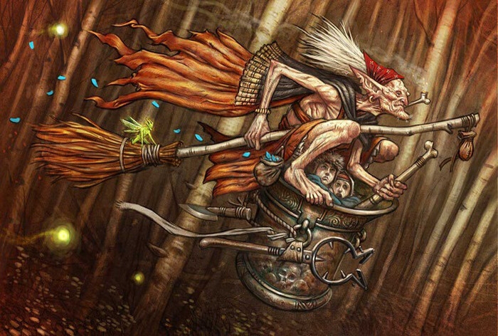 Baba Yaga thường di chuyển bằng một cái cối.