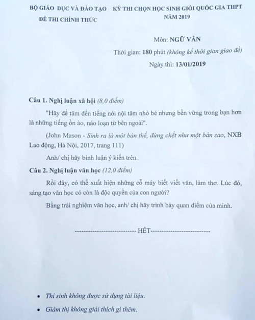 Đề thi Học sinh giỏi Quốc gia THPT môn Ngữ văn 2019