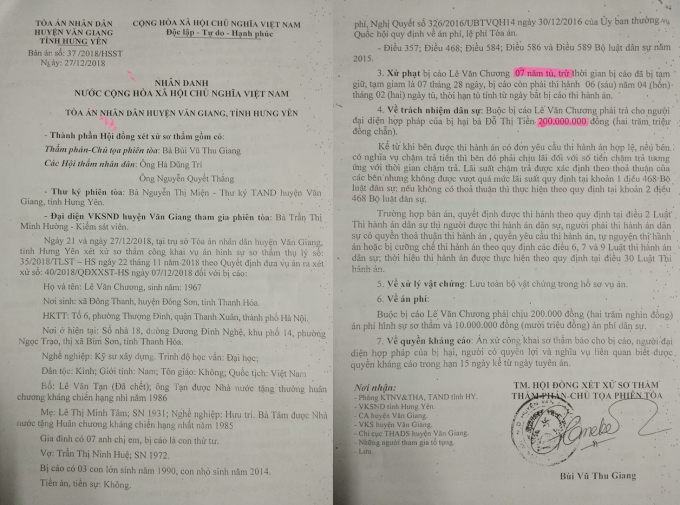 Bản án hình sự sơ thẩm số 37/2018/HSST của TAND huyện Văn Giang tuyên bố ông Lê Văn Chương phạm tội