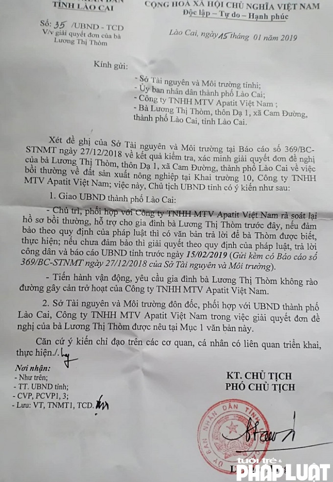 UBND tỉnh Lào Cai yêu cầu các đơn vị xử lý giải quyết bồi thường hỗ trợ cho gia đình và Lương Thị Thòm theo đúng quy định.