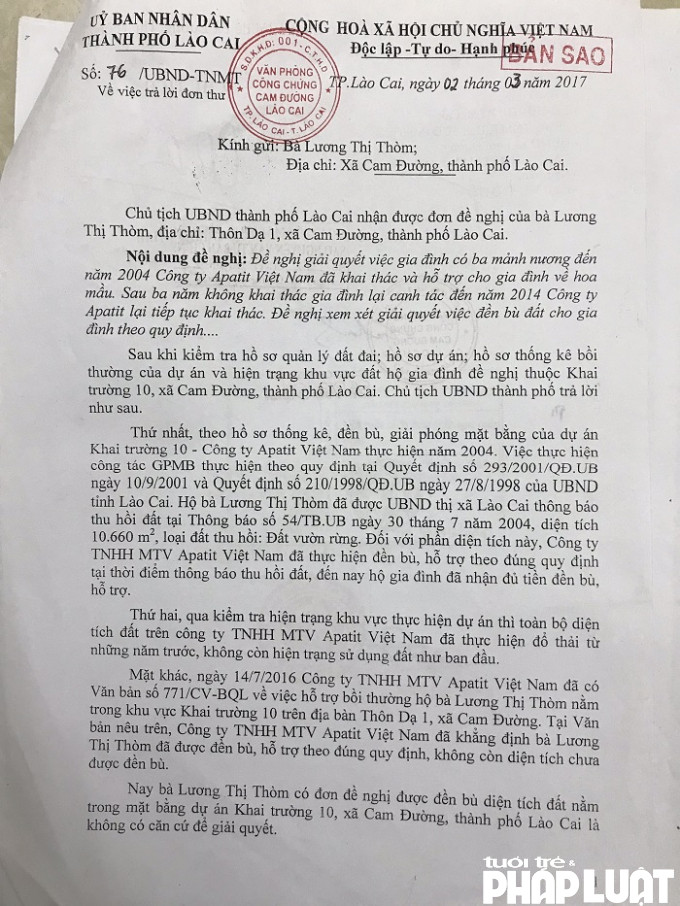 UBND TP Lào Cai bác đơn của gia đình bà Lương Thị Thòm, nhưng sau đó UBND tỉnh Lào Cai lại yêu cầu giải quyết theo đúng quy định vì nội dung đơn được Sở TN&MT xác minh là đúng và có cơ sở.
