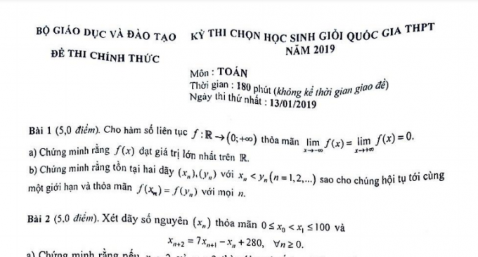 Đề thi chọn HSG Quốc gia môn Toán năm 2019