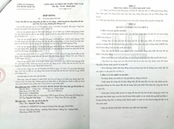 Hợp đồng kí giữa Công ty CP xây dựng Ngọc Hà với ông Nguyễn Văn Tiến.