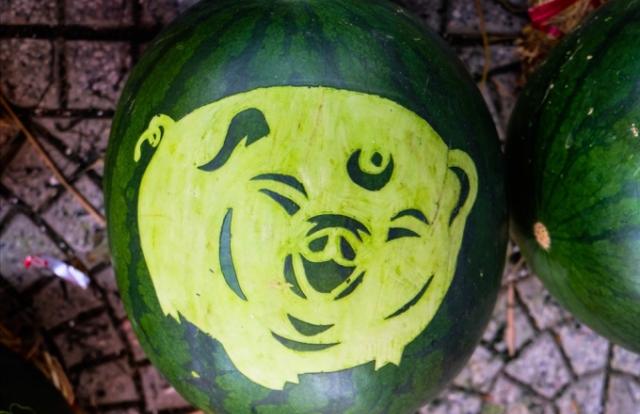 Dưa hấu khắc hình heo hút khách dịp Tết Kỷ Hợi