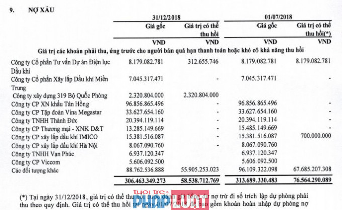 Tính đến thời điểm hết năm 2018, PV Power đang có khoản nợ xấu xấp xỉ 306 tỷ đồng.