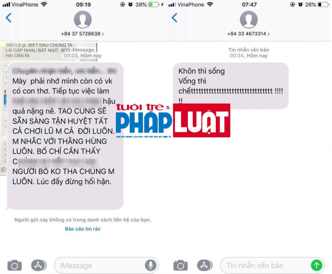 Tin nhắn đe dọa, vu khống phóng viên T từ số điện thoại +84334673314 và số điện thoại +84375728638