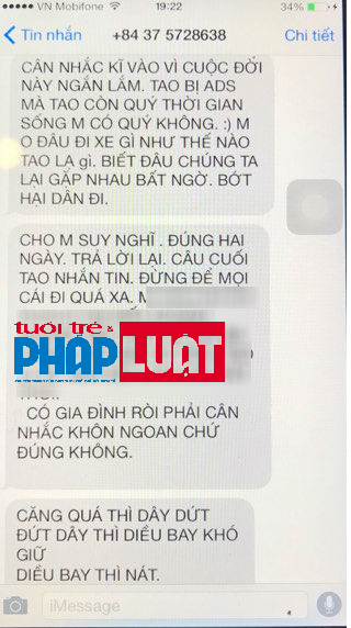 Số điện thoại +84375728638 nhiều lần gửi tin nhắn đe dọa phóng viên T