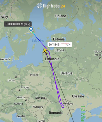 Hành trình chuyến bay DY4545 của hãng Norwegian Air Shuttle hôm nay. Ảnh: Flightradar24.