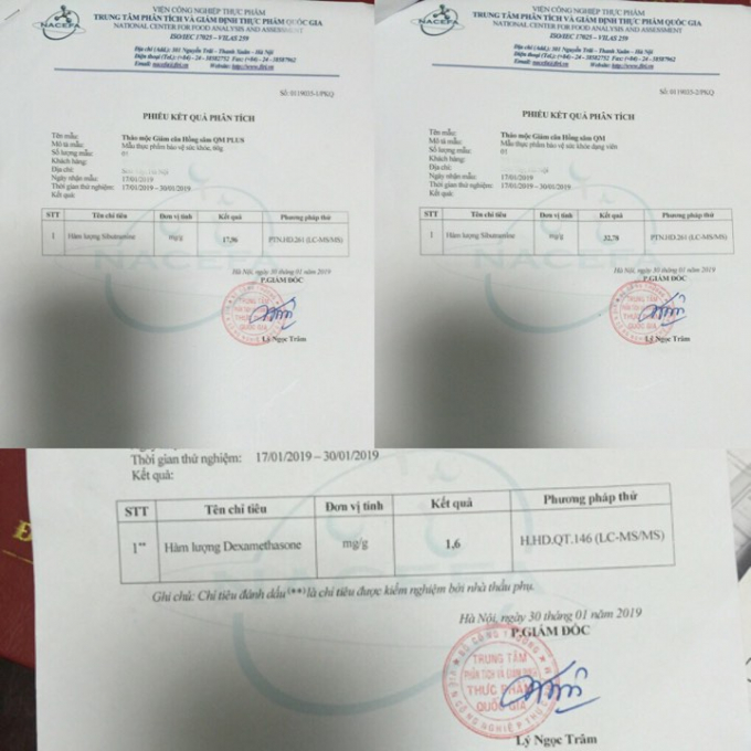 Kết quả kiểm nghiệm của Trung tâm phân tích và giám định thực phẩm Quốc gia về sản phẩm viên uống tăng và giảm cân của Công ty Hồng Sâm QM