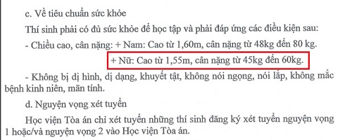 Nội dung điều kiện sức khỏe đối với các thí sinh đăng ký vào Học viện Tòa án năm 2019