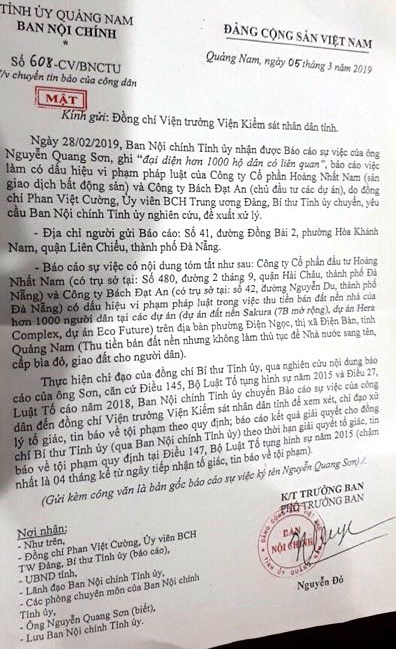 Văn bản của Ban nội chính tỉnh ủy Quảng Nam yêu cầu, Viện Kiểm sát nhân dân Quảng Nam xem xét xử lý tố cáo tội phạm của ông Nguyễn Quang Sơn đại diện cho 1000 người dân đối với công ty Hoàng Nhất Nam và Công ty Bách Đạt An.
