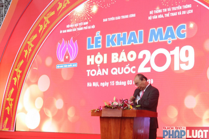 Thủ tướng Chính Phủ Nguyễn Xuân Phúc phát biểu tại buổi lễ khai mạc Hội báo toàn quốc 2019.