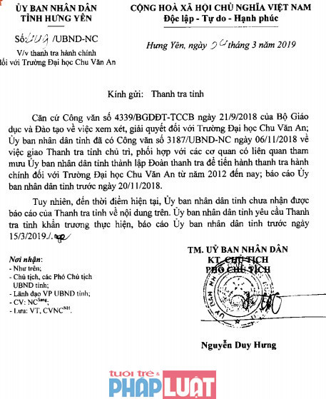 UBND tỉnh Hưng Yên yêu cầu Thanh tra tỉnh khẩn trương thực hiện, báo cáo UBND tỉnh trước ngày 15/3/2019.