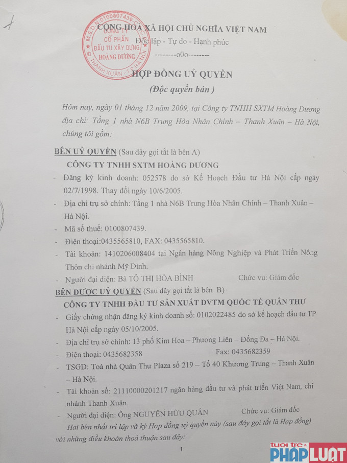 Hợp đồng ủy quyền (độc quyền bán) mà Công ty Hoàng Dương ủy quyền cho Công ty Quân Thư bán đất tại dự án KĐT Phú Lộc I.