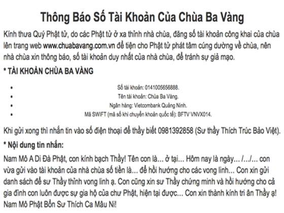 Thông tin số tài khoản của chùa Ba Vàng trên trang website trước khi bị đóng