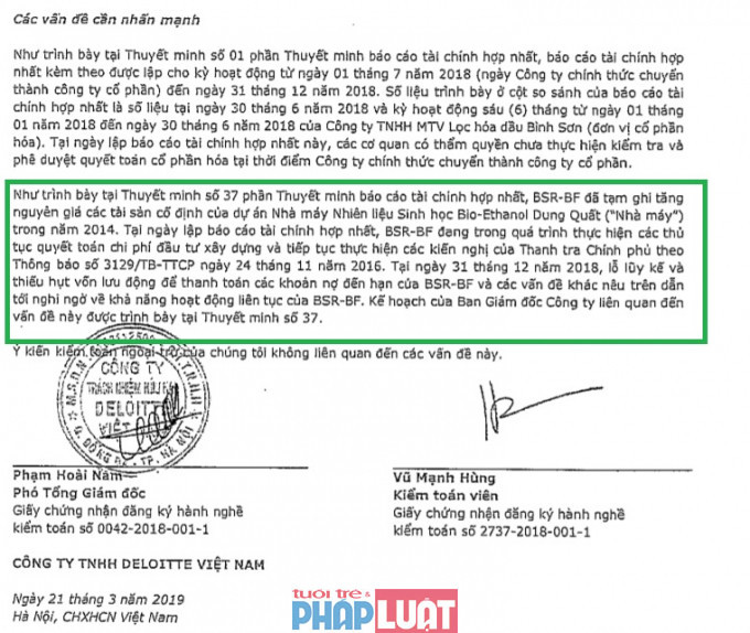 Kiểm toán nghi ngờ khả năng hoạt động liên tục của Công ty CP Nhiên liệu sinh học dầu khí Miền Trung (BSR-BF).
