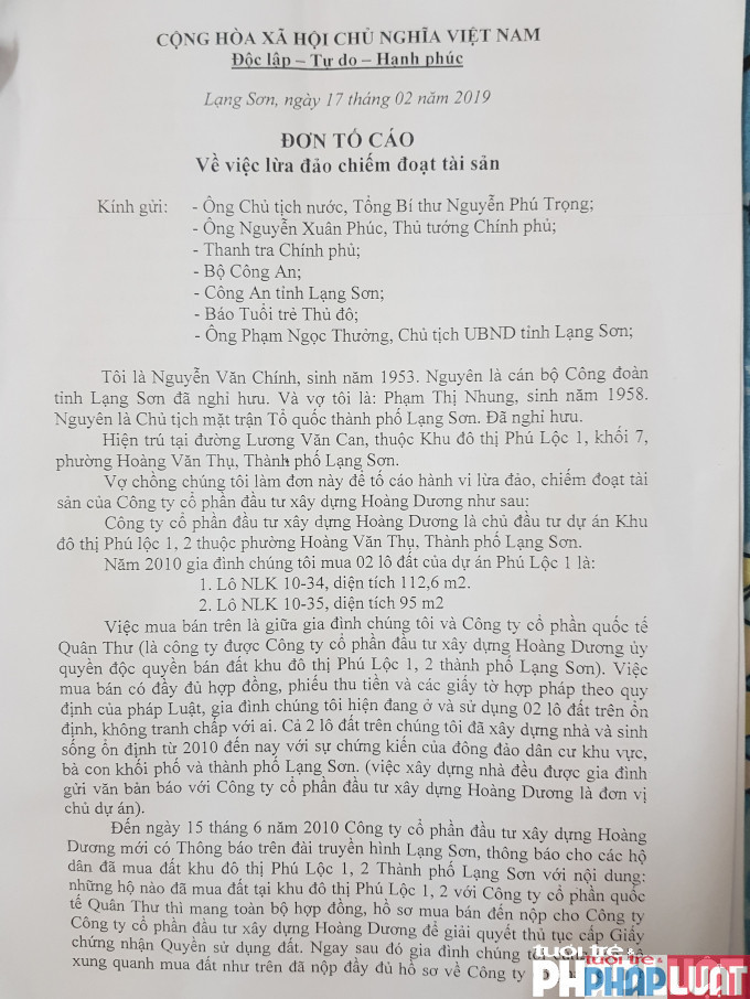 Chủ đầu tư dự án KĐT Phú Lộc I và II là Công ty Hoàng Dương bị người dân tố cáo lừa đảo, chiếm đoạt tài sản