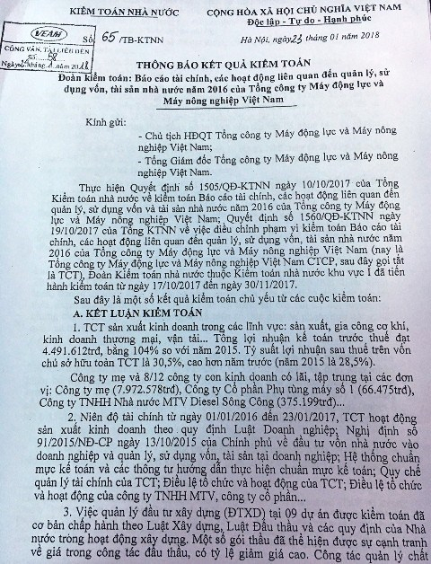 Thông báo kết quả kiểm toán của Kiểm toán Nhà nước.