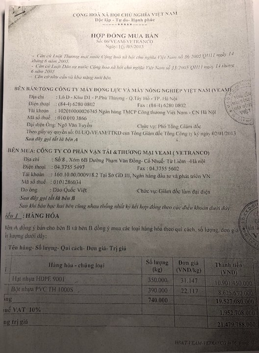 Hợp đồng mua bán giữa VEAM và VETRANCO.
