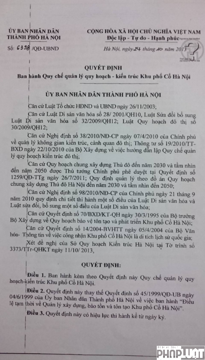 Quyết định của UBND TP Hà Nội về Quy chế quản lý quy hoạch - kiến trúc Khu phố Cổ Hà Nội