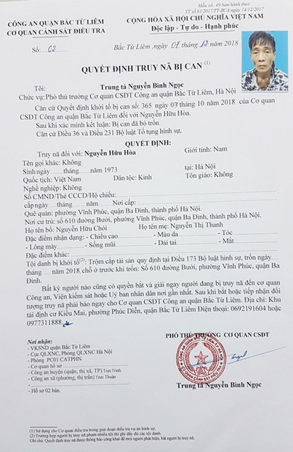 Lệnh truy nã đối tượng Nguyễn Hữu Hòa