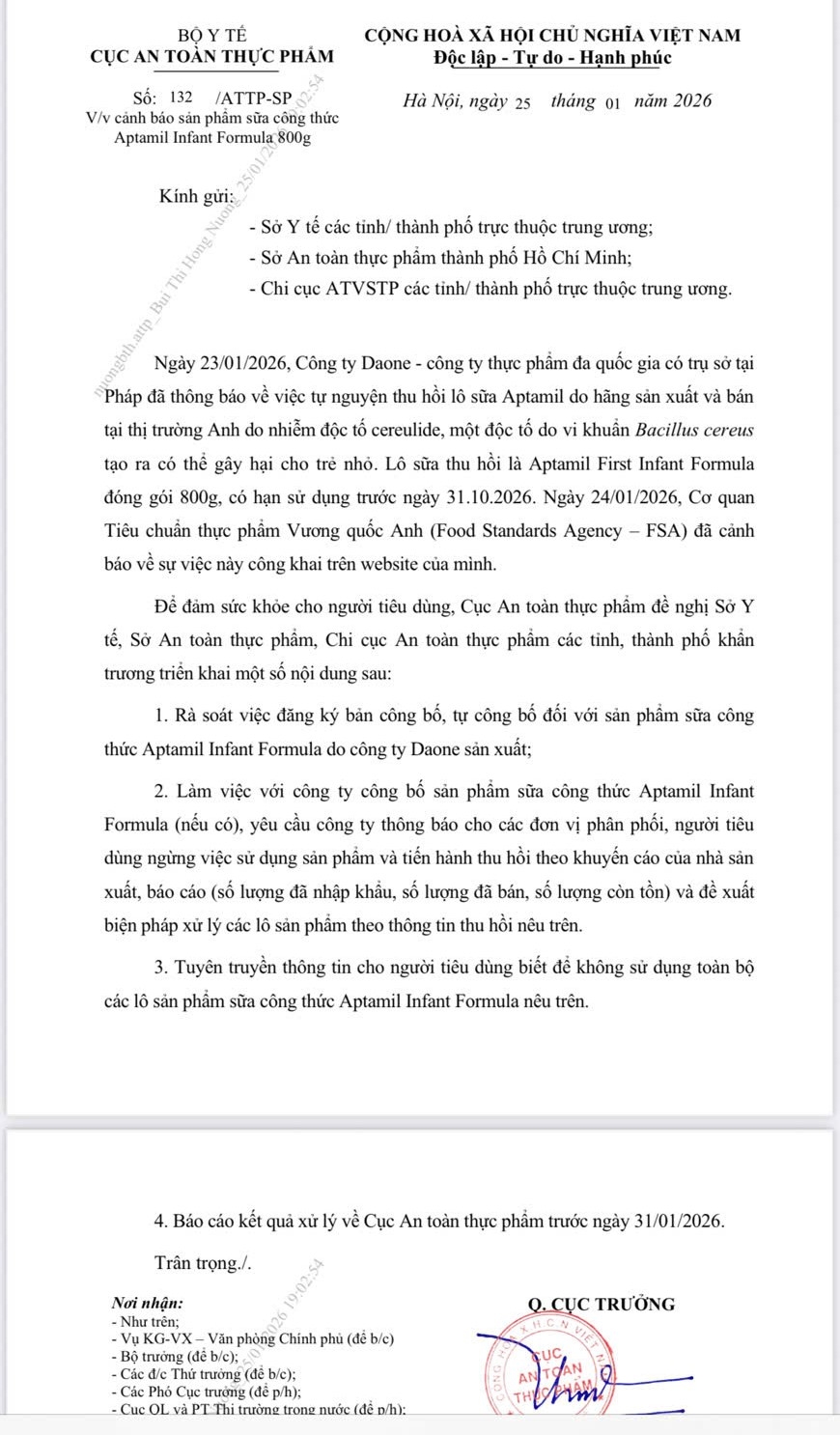 Bộ Y tế cảnh báo sản phẩm sữa công thức Aptamil Infant Formula 800g Bộ Y tế cảnh báo sản phẩm sữa công thức Aptamil Infant Formula 800g