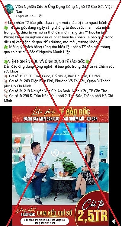 Trang facebook “Viện Nghiên cứu & Ứng dụng Công nghệ Tế bào gốc Việt Nam” quảng cáo trái phép nhiều nội dung như