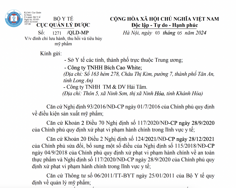  Công văn của Cục Quản lý Dược về việc đình chỉ lưu hành, thu hồi và tiêu huỷ sản phẩm do Công ty TNHH Bích Cao White và Công ty TNHH TM & DV Hải Tâm sản xuất