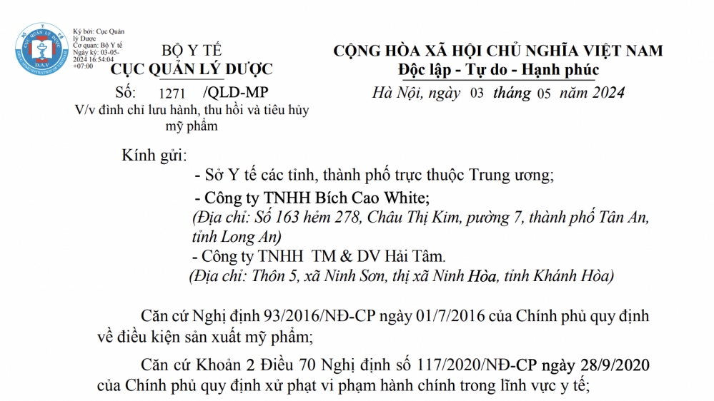 Thu hồi và tiêu huỷ lô serum của Công ty Bích Cao White