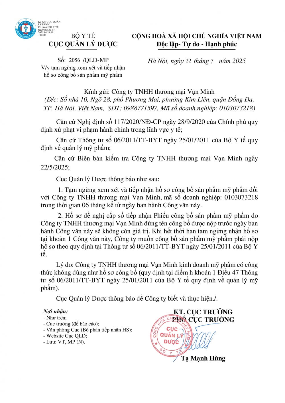 Công văn tạm ngừng xem xét và tiếp nhận hồ sơ công bố mỹ phẩm đối với Công ty TNHH thương mại Vạn Minh