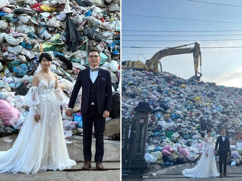 Cặp đôi chụp ảnh cưới cạnh núi rác