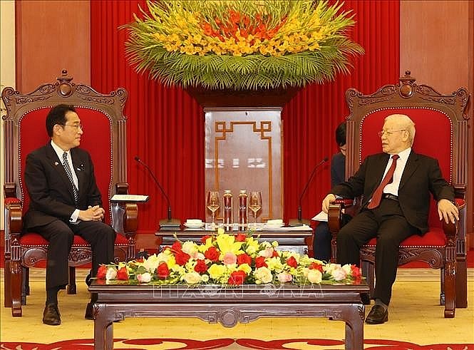 ổng Bí thư Nguyễn Phú Trọng tiếp Thủ tướng Nhật Bản Kishida Fumio sang thăm chính thức Việt Nam, chiều 1/5/2022. Ảnh: Trí Dũng/TTXVN
