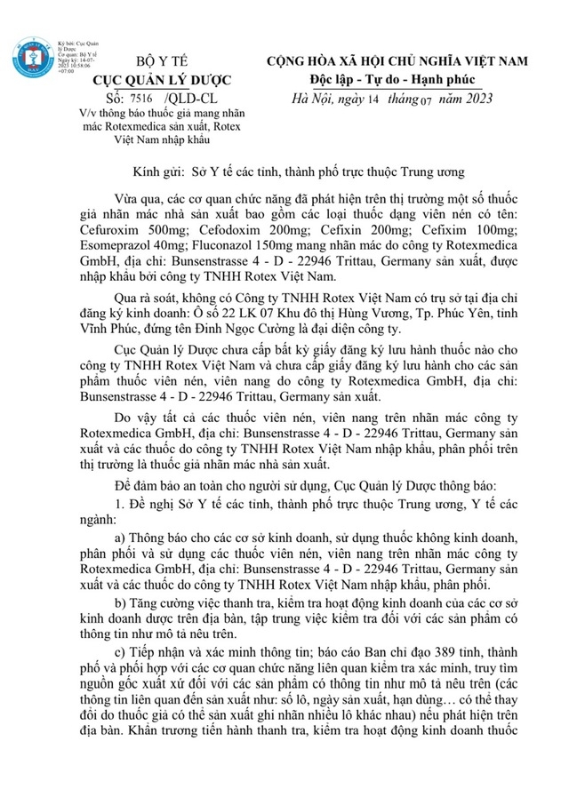 Phát hiện thuốc kháng sinh, điều trị dạ dày giả mạo do Công ty Rotex Việt Nam nhập khẩu